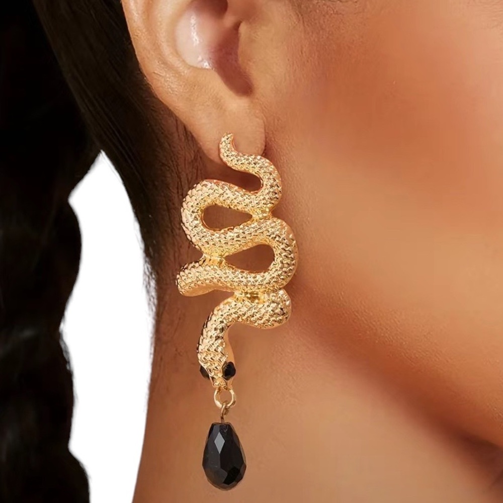 Golden Snake and Black Crystal Dangle Pierced Earrings with Stud Back